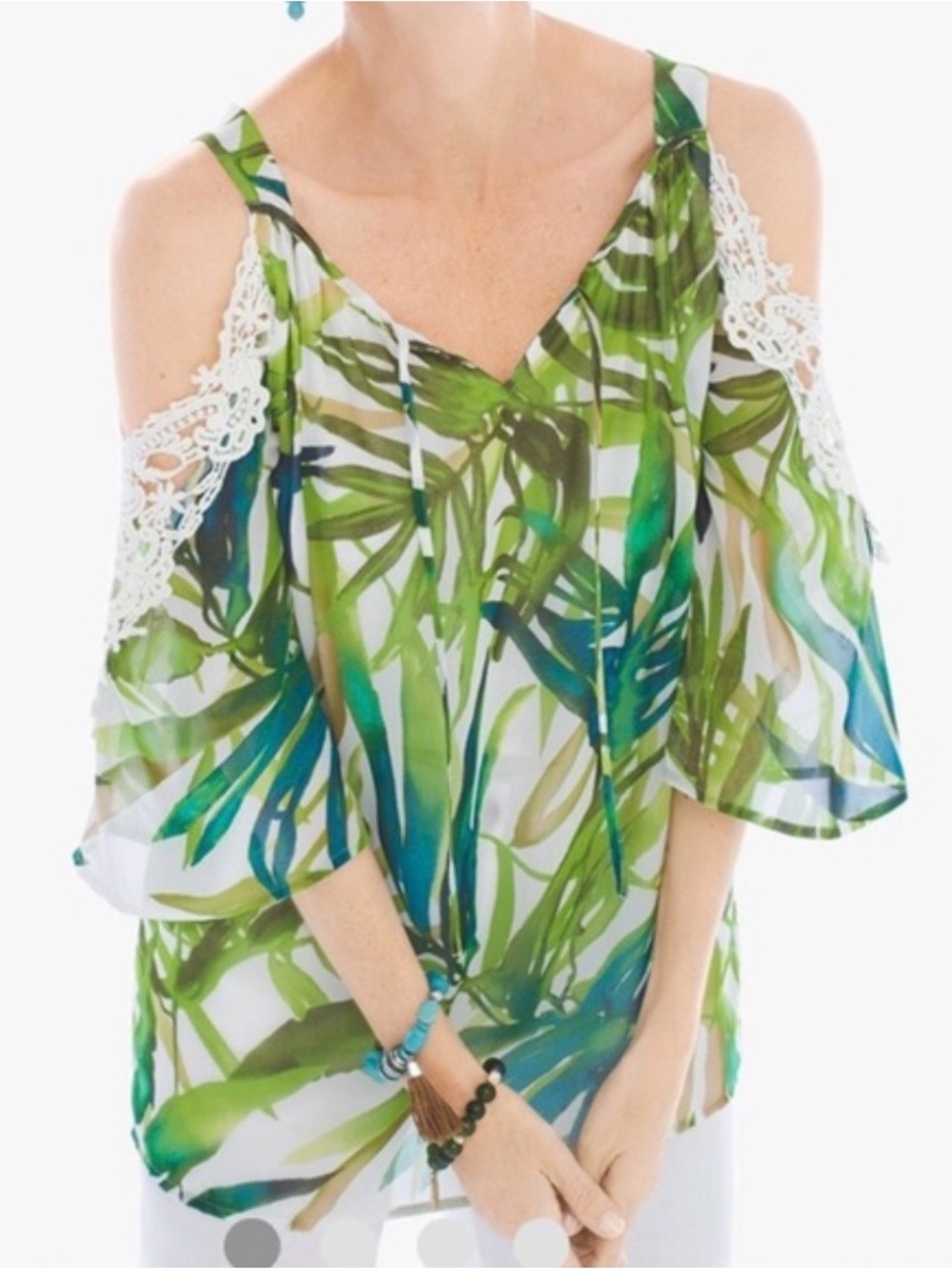 Chico’s Palm Leaf Print Cold Shoulder Tunic Top